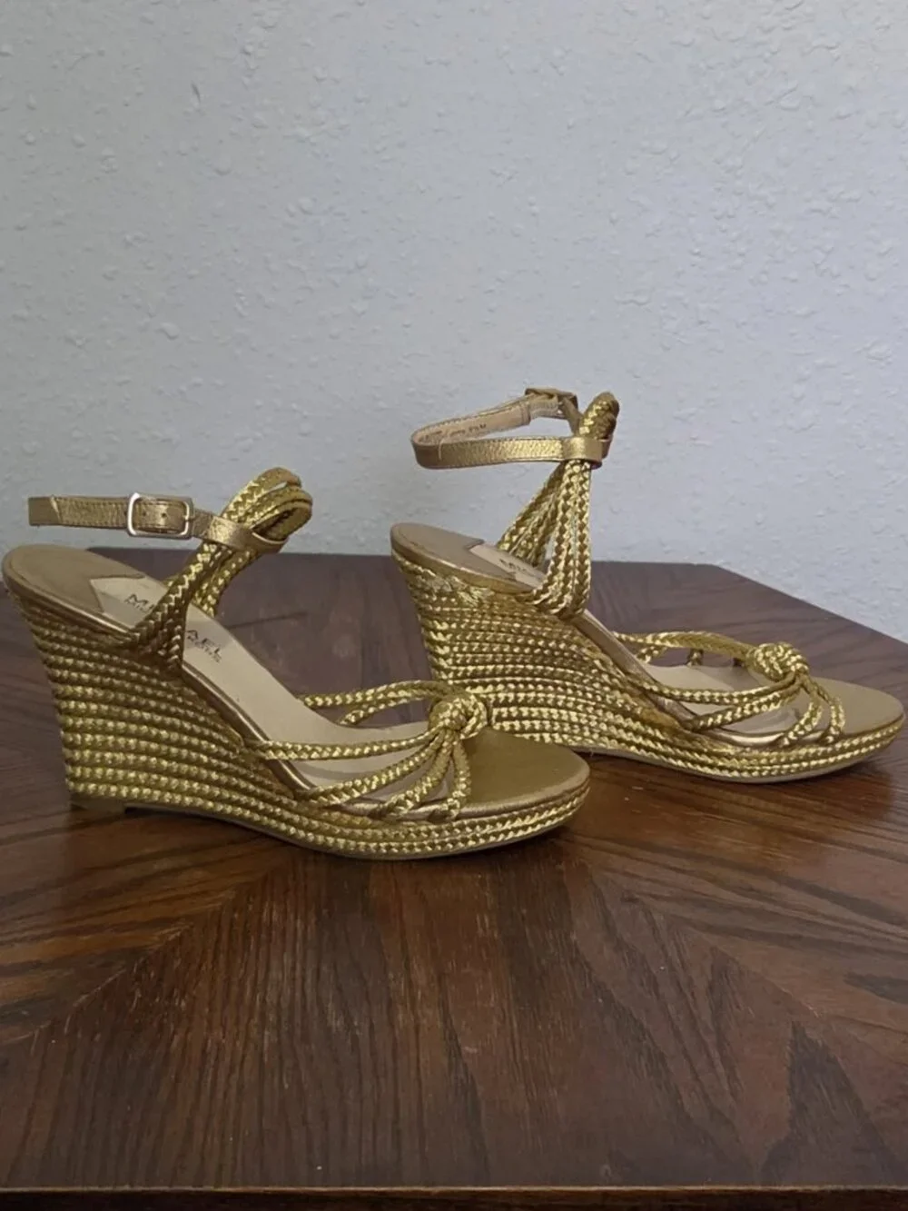 Michael Kors Gold Braided Wedge Sandals Size 6.5M Strappy Metallic Heels